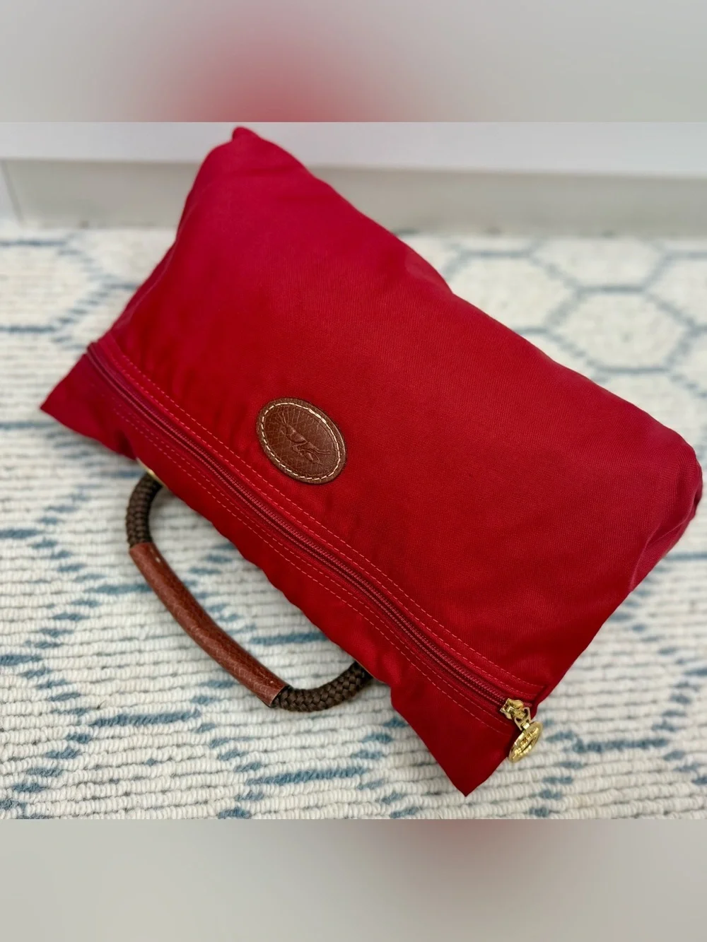 LONGCHAMP Vintage Y2K Collectors Made N France Le Pliage Nylon Red & Leather Bag - Picture 10 of 16